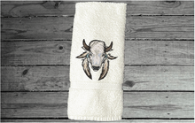 Load image into Gallery viewer, White hand towel - embroidered Southwest decor buffalo head - gift Southwest theme bath / kitchen - housewarming gift - home decor - Borgmanns Creations 5
