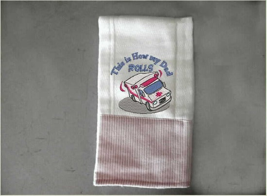 Baby shower gift, first responder " This Is How My Dad ROLLS" - design  burp cloth - mother to be  - embroidered design on a pre folded dipper - can have red and white material across bottom - Borgmanns Creations 1