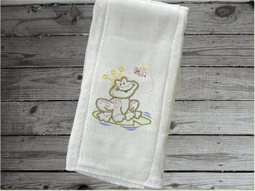This diaper burp cloth with a frog design would be the perfect baby shower gift for any little boy, embroidered decorative diaper. Makes a useful gift for any meal of the day or to keep handy through the whole day. Try fold dipper. Borgmanns Creations-1