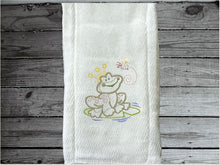 Load image into Gallery viewer, This diaper burp cloth with a frog design would be the perfect baby shower gift for any little boy, embroidered decorative diaper. Makes a useful gift for any meal of the day or to keep handy through the whole day. Try fold dipper. Borgmanns Creations -2

