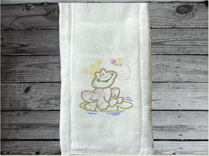 This diaper burp cloth with a frog design would be the perfect baby shower gift for any little boy, embroidered decorative diaper. Makes a useful gift for any meal of the day or to keep handy through the whole day. Try fold dipper. Borgmanns Creations -2