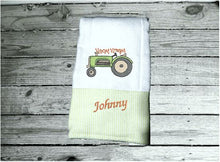Load image into Gallery viewer, Diaper burp cloth - tractor design -  perfect baby shower gift - farmhouse gift-  personalized embroidered decorative diaper - colorful material across edge -  gift for mother to be - Borgmanns Creations 1
