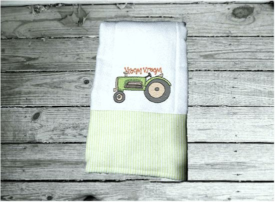 Diaper burp cloth - tractor design -  perfect baby shower gift - farmhouse gift-  personalized embroidered decorative diaper - colorful material across edge -  gift for mother to be - Borgmanns Creations