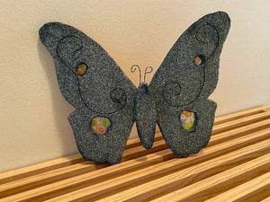 Butterfly stone like wall decor with wire details, layered body, hand painted, colorful material for the spots to set off the butterfly. The butterfly is 11" H x 14" W x 1 1/2" D, with hangers on the back, Just the gift for the butterfly collector's home decor - Borgmanns Creations 