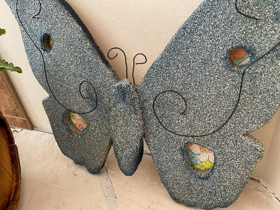 Butterfly stone like wall decor with wire details, layered body, hand painted, colorful material for the spots to set off the butterfly. The butterfly is 11" H x 14" W x 1 1/2" D, with hangers on the back, Just the gift for the butterfly collector's home decor - Borgmanns Creations