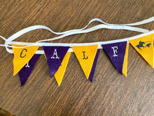 Load image into Gallery viewer, Calf roper banner - decorate your wall to show off your trophies - party decorations - celebrate your last go round - kids room - letters are embroidered so they can&#39;t peel off - 10 flags each 3 1/2&quot; x 4 1/2&quot; soft felt sewn to bias tape, - embroidered letters - roper on the center flag - Borgmanns Creations - 5
