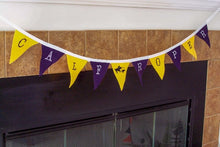 Load image into Gallery viewer, Calf roper banner - decorate your wall to show off your trophies - party decorations - celebrate your last go round - kids room - letters are embroidered so they can&#39;t peel off - 10 flags each 3 1/2&quot; x 4 1/2&quot; soft felt sewn to bias tape, - embroidered letters - roper on the center flag - Borgmanns Creations - 2

