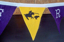 Load image into Gallery viewer, Calf roper banner - decorate your wall to show off your trophies - party decorations - celebrate your last go round - kids room - letters are embroidered so they can&#39;t peel off - 10 flags each 3 1/2&quot; x 4 1/2&quot; soft felt sewn to bias tape, - embroidered letters - roper on the center flag - Borgmanns Creations - 1
