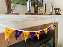 Load image into Gallery viewer, Calf roper banner - decorate your wall to show off your trophies - party decorations - celebrate your last go round - kids room - letters are embroidered so they can&#39;t peel off - 10 flags each 3 1/2&quot; x 4 1/2&quot; soft felt sewn to bias tape, - embroidered letters - roper on the center flag - Borgmanns Creations - 4
