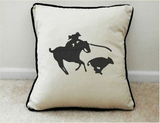 Calf roper throw pillow cover- embroidered calf roper silhouette design - farmhouse or country living decor - custom wedding gift for the new couple's home decor -  beige (natural color) 20" x 20" or 18" x 18" black piping around edge - Borgmanns Creations -1