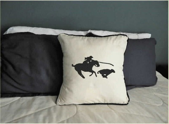 Calf roper throw pillow cover- embroidered calf roper silhouette design - farmhouse or country living decor - custom wedding gift for the new couple's home decor -  beige (natural color) 20" x 20" or 18" x 18" black piping around edge - Borgmanns Creations -3