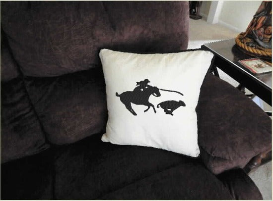 Calf roper throw pillow cover- embroidered calf roper silhouette design - farmhouse or country living decor - custom wedding gift for the new couple's home decor -  beige (natural color) 20" x 20" or 18" x 18" black piping around edge - Borgmanns Creations -4