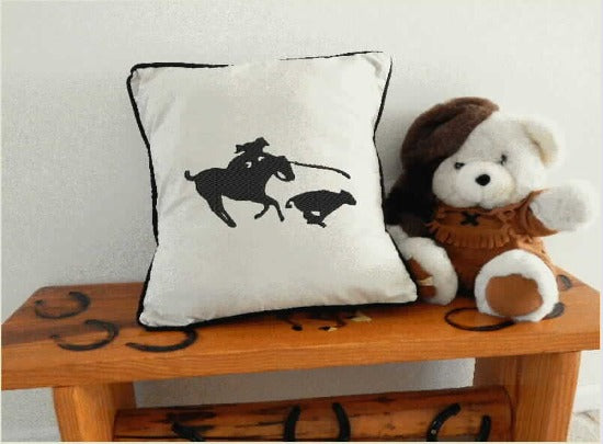 Calf roper throw pillow cover- embroidered calf roper silhouette design - farmhouse or country living decor - custom wedding gift for the new couple's home decor -  beige (natural color) 20" x 20" or 18" x 18" black piping around edge - Borgmanns Creations -5