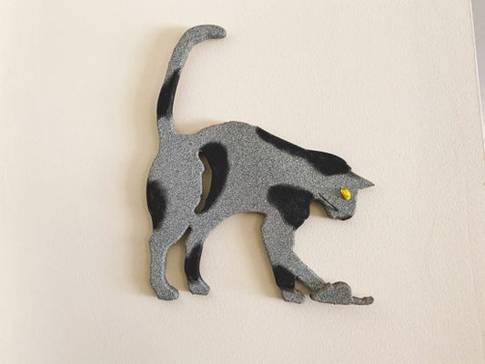 Wood cat wall art, 1/2" MDF board, layered wood, hand painted gray and black, marble eye, wire whiskers, 15" H x 12" W x 1/2" D, hang on your wall or even lean against a wall at floor level. Home decor for the nursery one of a kind baby shower gift, cat lovers gift - Borgmanns Creations 