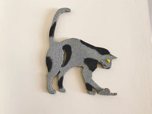 Load image into Gallery viewer, Wood cat wall art, 1/2&quot; MDF board, layered wood, hand painted gray and black, marble eye, wire whiskers, 15&quot; H x 12&quot; W x 1/2&quot; D, hang on your wall or even lean against a wall at floor level. Home decor for the nursery one of a kind baby shower gift, cat lovers gift - Borgmanns Creations 
