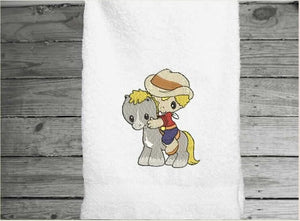 Personalized baby shower gift -  White hand towel - western theme - child's room boy or girl - nursery decor - burp cloth towel - embroidered child on pony design - farmhouse home decor cusom gift - Borgmanns Creations 2