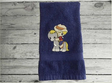 Load image into Gallery viewer, Personalized baby shower gift -  blue hand towel - western theme - child&#39;s room boy or girl - nursery decor - burp cloth towel - embroidered child on pony design - farmhouse home decor custom gift - Borgmanns Creations 3
