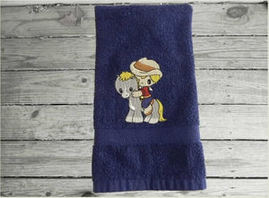 Personalized baby shower gift -  blue hand towel - western theme - child's room boy or girl - nursery decor - burp cloth towel - embroidered child on pony design - farmhouse home decor custom gift - Borgmanns Creations 3