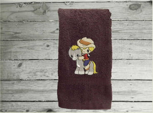 Personalized baby shower gift - brown hand towel - western theme - child's room boy or girl - nursery decor - burp cloth towel - embroidered child on pony design - farmhouse home decor custom gift - Borgmanns Creations 4