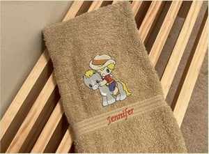 Personalized baby shower gift -  Beige hand towel - western theme - child's room boy or girl - nursery decor - burp cloth towel - embroidered child on pony design - farmhouse home decor custom gift - Borgmanns Creations 1