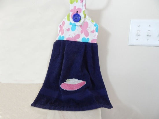 Baby shower gift - blue terry towel - blue and pink butterflies on top - blue button - embroidered girls hat - hanging towel gift - Borgmanns Creations 1