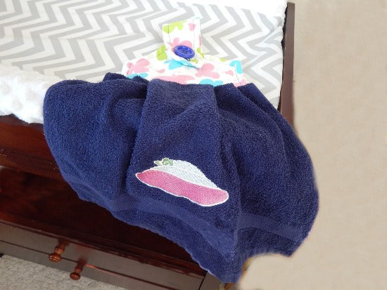 Baby shower gift - blue terry towel - blue and pink butterflies on top - blue button - embroidered girls hat - hanging towel gift - Borgmanns Creations 2