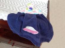 Load image into Gallery viewer, Baby shower gift - blue terry towel - blue and pink butterflies on top - blue button - embroidered girls hat - hanging towel gift - Borgmanns Creations 2
