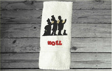 Load image into Gallery viewer, White hand towel - embroidered carolers with NOEL-  personalize with name - bathroom kitchen towel - gift for mom - Borgmanns Creations 2
