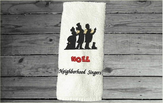 White hand towel - embroidered carolers with NOEL-  personalize with name - bathroom kitchen towel - gift for mom - Borgmanns Creations 1
