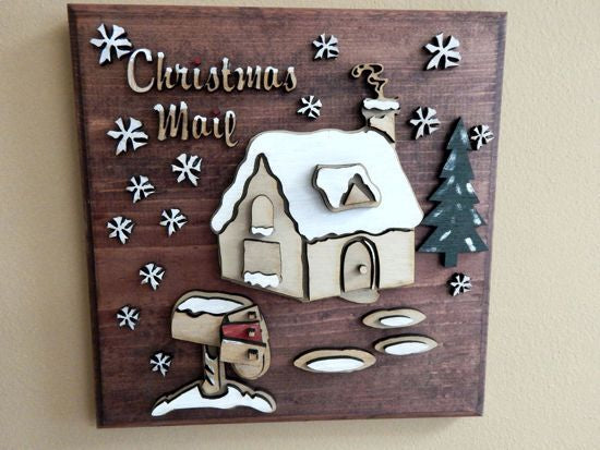  Christmas Mail wall hanging -laser cut luan wood - glued to a 1" beveled edge wood mahogany stain - acrylic paint-  Santa's house and mail box - Christmas decoration - wood wall art gift for mom - Borgmanns Creations