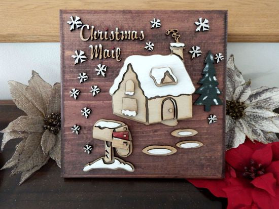 Christmas Mail wall hanging -laser cut luan wood - glued to a 1" beveled edge wood mahogany stain - acrylic paint- Santa's house and mail box - Christmas decoration - wood wall art gift for mom - Borgmanns Creations