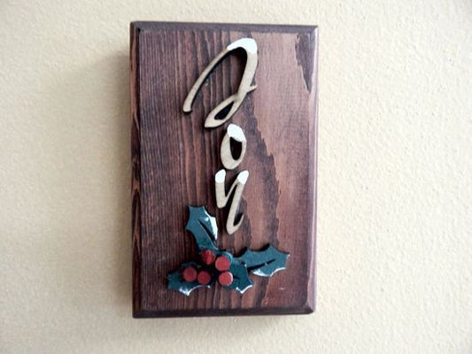 Joy wood wall hanging - laser cut lauan wood glued to a 1" beveled edge mahogany stained wood - layered pieces holly leaves - acrylic paint for snow on letters - holiday season best friend gift - 5 1/2" x 3 1/2" - gift for mom - home decor living room - bathroom bedroom - Borgmanns Creations 