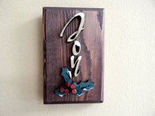 Load image into Gallery viewer, Joy wood wall hanging - laser cut lauan wood glued to a 1&quot; beveled edge mahogany stained wood - layered pieces holly leaves - acrylic paint for snow on letters - holiday season best friend gift - 5 1/2&quot; x 3 1/2&quot; - gift for mom - home decor living room - bathroom bedroom - Borgmanns Creations 

