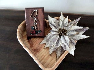Joy wood wall hanging - laser cut lauan wood glued to a 1" beveled edge mahogany stained wood - layered pieces holly leaves - acrylic paint for snow on letters - holiday season best friend gift - 5 1/2" x 3 1/2" - gift for mom - home decor living room - bathroom bedroom - Borgmanns Creations