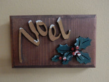 Load image into Gallery viewer, Noel wall hanging - laser cut lauan wood glued to a 1&quot; beveled edge mahogany stained base - hanging hook on back - holiday sign - gift for mom - gift for a friend teacher gift - 7&quot; x 3 1/2&quot; - Christmas decoration gift home decor - Borgmanns Creations
