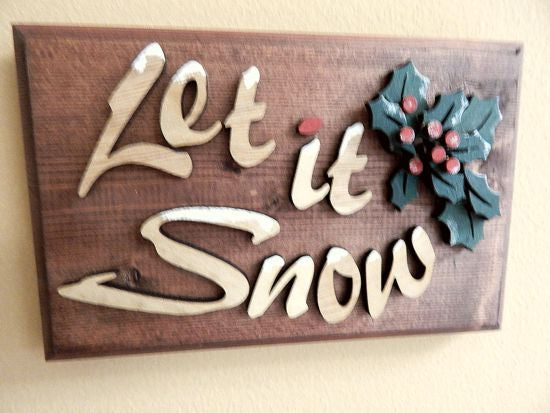 Let It Snow wall hanging - Christmas decor - gift for mom - wood wall plaque - laser cut lauan wood glued to a 1" beveled edge wood with mahogany stain - layered wood 3D effect - hanging hook on back - housewarming gift - teacher gift - 8 1/2" x 5 1/2"- Borgmanns Creations 