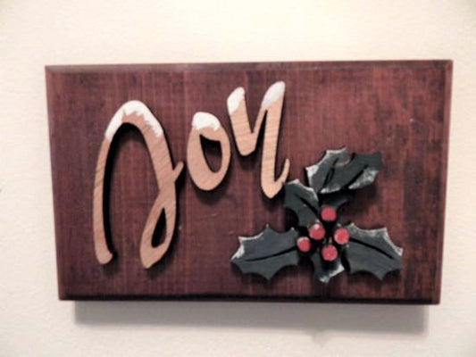 Joy wall hanging - home decor - holiday season - wall plaque laser cut lauan wood glued to a 1" beveled edge mahogany stained wood - hanging hook on back - great holiday gift best friend - family gift - 7 1/4"  x 4 1//2" - Borgmanns Creations 