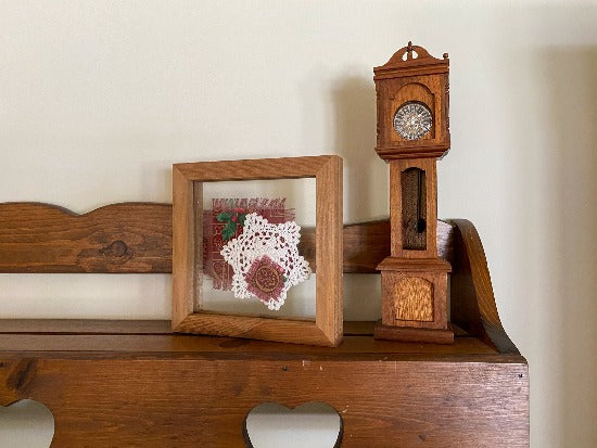 Crochet doily art - Christmas material for accent - Christmas gift farmhouse decoration -gift for mom, grandma, or aunt - shelf sitter or hang by frame - doily between 2 pieces of acrylic framed in 1" wood, 7" x 7" - Borgmanns Creations 2