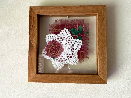 Crochet doily art - Christmas material for accent - Christmas gift farmhouse decoration -gift for mom, grandma, or aunt - shelf sitter or hang by frame - doily between 2 pieces of acrylic framed in 1" wood, 7" x 7" - Borgmanns Creations 3