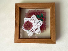 Load image into Gallery viewer, Crochet doily art - Christmas material for accent - Christmas gift farmhouse decoration -gift for mom, grandma, or aunt - shelf sitter or hang by frame - doily between 2 pieces of acrylic framed in 1&quot; wood, 7&quot; x 7&quot; - Borgmanns Creations 3
