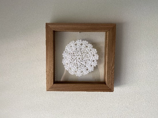 Crochet doily in frame - one of a kind wall hanging, or it can stand alone on any side - gift for the country farmhouse home decor - bedroom decor ideas for your home or a special gift - the doily is between 2 pieces of acrylic and framed in wood. 7" H x 7" W x 1 1/4" D - Borgmanns Creations - 1