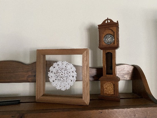 Crochet doily in frame - one of a kind wall hanging, or it can stand alone on any side - gift for the country farmhouse home decor - bedroom decor ideas for your home or a special gift - the doily is between 2 pieces of acrylic and framed in wood. 7" H x 7" W x 1 1/4" D - Borgmanns Creations - 2