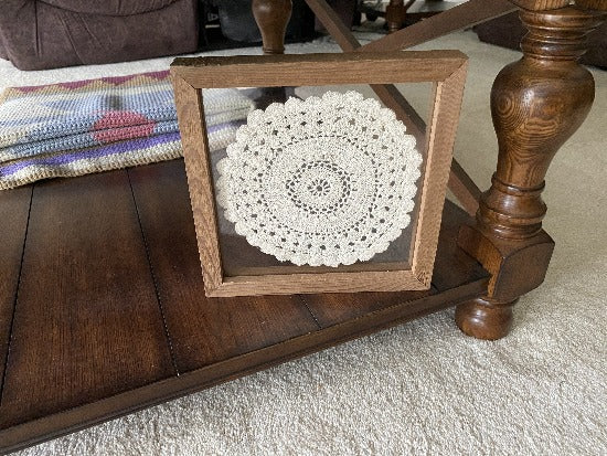 Crochet doily one of a kind wall hanging, or it can stand alone on any side - large white doily between 2 pieces of acrylic and framed in wood. - gift for the country farmhouse decor - bedroom decor ideas for your home or a special gift - Borgmanns Creations - 1