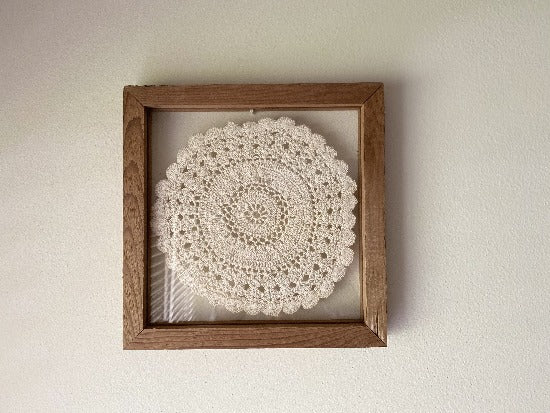 Crochet doily one of a kind wall hanging, or it can stand alone on any side - large white doily between 2 pieces of acrylic and framed in wood. - gift for the country farmhouse decor - bedroom decor ideas for your home or a special gift - Borgmanns Creations - 2