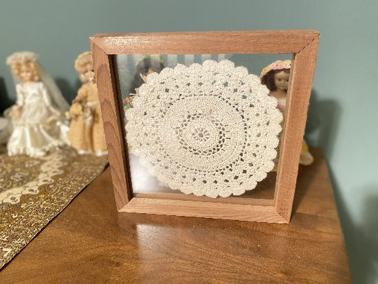 Crochet doily one of a kind wall hanging, or it can stand alone on any side - large white doily between 2 pieces of acrylic and framed in wood. - gift for the country farmhouse decor - bedroom decor ideas for your home or a special gift - Borgmanns Creations - 3