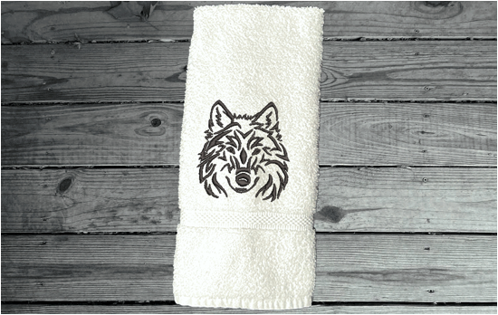 White embroidered bath hand towel - wolf head design - bathroom or kitchen farmhouse home decor - personalized animal towel -  kids room, bath supplies for your pet - Borgmanns Creations 1