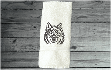 Load image into Gallery viewer, White embroidered bath hand towel - wolf head design - bathroom or kitchen farmhouse home decor - personalized animal towel -  kids room, bath supplies for your pet - Borgmanns Creations 1
