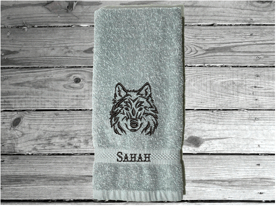Gray embroidered bath hand towel - wolf head design - bathroom or kitchen farmhouse home decor - personalized animal towel -  kids room, bath supplies for your pet - Borgmanns Creations 2