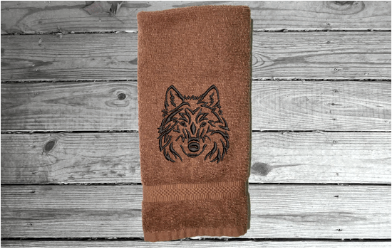 Brown embroidered bath hand towel - wolf head design - bathroom or kitchen farmhouse home decor - personalized animal towel -  kids room, bath supplies for your pet - Borgmanns Creations 3