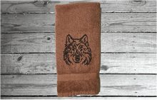 Load image into Gallery viewer, Brown embroidered bath hand towel - wolf head design - bathroom or kitchen farmhouse home decor - personalized animal towel -  kids room, bath supplies for your pet - Borgmanns Creations 3
